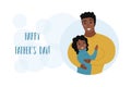 Fathers Day card. Happy african american dad hugs cute smiling daughter. Man and child girl embraces. Vector flat illustration for