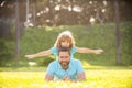 fathers day. cheerful father and son having fun in park. family value. childhood and parenthood