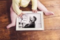 Fathers day composition. Picture frame. Wooden background. Royalty Free Stock Photo