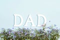 Fathers day concept with  forget-me-not flowers border and word dad on blue background Royalty Free Stock Photo