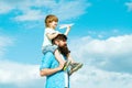 Fathers day. Dream of flying. Funny time. Enjoy. Happy family father and child on meadow with a kite in the summer on Royalty Free Stock Photo