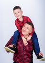 Fathers day. Father example of noble human. Father little son red shirts family look outfit. Best friends forever. Dad Royalty Free Stock Photo