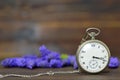 Fathers Day gift. Vintage pocket watch and spring flowers Royalty Free Stock Photo