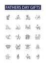 Fathers day gifts line vector icons and signs. Fathers, Day, Cards, Watch, Wallet, Tie, Photo, Accessories outline