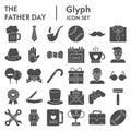 Fathers day glyph icon set, mens accessories and gifts symbols collection, vector sketches, logo illustrations, male