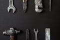 Fathers day greeting card concept. Vintage old tools on black paper background. Flat lay. Copy space Royalty Free Stock Photo