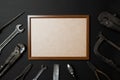 Fathers day greeting card concept. Vintage old tools on black paper background. Flat lay. Copy space Royalty Free Stock Photo