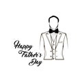Fathers day greeting card. Mens jacket, bow tie. Mens suit, tuxedo. Happy Fathers day lettering. Vector.