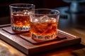 Fathers Evening Whiskey on Dark Wooden Bar with Ice Cubes