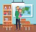 fathers with girl student and books with desk and backpack