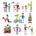 Fathers Have Fun with Children Illustrations Set