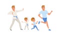 Fathers and their Sons Doing Sports Together, Cheerful Man and Boy Practicing Martial Arts and Jogging Cartoon Vector Royalty Free Stock Photo