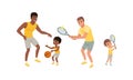 Fathers and their Sons Doing Sports Together, Cheerful Men and Boys Playing Basketball and Tennis Cartoon Vector