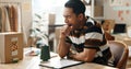 Fatigue, man and yawning with shipping company, delivery worker at desk with brain fog, small business and clipboard Royalty Free Stock Photo