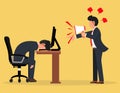 Fatigue and pressure from work. An annoyed manager yells at employees using a megaphone