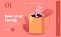 Fatigue, Procrastination Overwork Burnout Landing Page Template. Businessman with Low Energy Sleep in Huge Coffee Cup