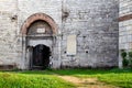 Entrance of the Yedikule Fortress. Text on wall: `Fatih Sultan Mehmet entered Istanbul with his armies on 29 May 1453 in the vicin Royalty Free Stock Photo