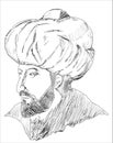 Fatih Sultan Mehmet, Ottoman Sultan second mehmet. Conqueror of Istanbul hand drawing vector portrait