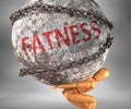 Fatness and hardship in life - pictured by word Fatness as a heavy weight on shoulders to symbolize Fatness as a burden, 3d