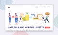 Fats, Oils and Healthy Lifestyle Landing Page Template. Tiny Characters Eating Trans Margarine, Fastfood, Rapeseed Oil