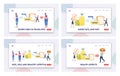 Fats, Oils, Unhealthy Eating Landing Page Template Set. Tiny Characters Eating Trans Margarine, Fastfood, Rapeseed Oil