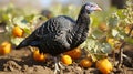 Fattened black turkey in a farm garden