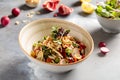 Fattoush or fattush, fattouch, fresh salad served in dish isolated on table top view of arabic breakfast Royalty Free Stock Photo