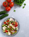 Fattoush salad in a gray plate with ingredients on a gray background. Top view.