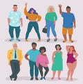 Fatty lifestyle. Fat male and female characters attractive overweight people group body positive vector concept