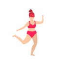 Fatty Woman in Red Swim Wear Running Jogging Beach