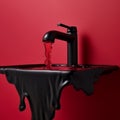 faucet above the sink, the flow of red water from the tap. Generative Royalty Free Stock Photo