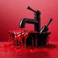 faucet above the sink, the flow of red water from the tap. Generative Royalty Free Stock Photo