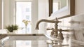 Faucet attached to mirror above marble sink in light bathroom of contemporary bedroom on sunny day, Generative AI Royalty Free Stock Photo