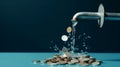 Faucet and coins, money falling from faucet, blue background Royalty Free Stock Photo