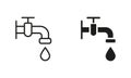 Faucet and Drop of Water Black Pictogram. Water Tap with Classic Valve Silhouette and Line Icon Set. Bathroom Symbol Royalty Free Stock Photo