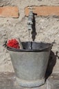 Faucet filling from a metal bucket with a brush Royalty Free Stock Photo