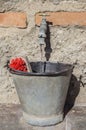 Faucet filling from a metal bucket with a brush Royalty Free Stock Photo