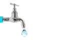 The faucet and last drop of water. Concept of the importance of water. Space for text on the right space. Royalty Free Stock Photo