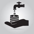 Faucet with money Pound sign and hand icon, save water concept