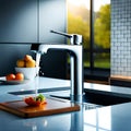 Faucet running water in sink indoors with few home appliance and indoor and outdoor backdrops