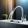 Faucet running water in sink indoors with few home appliance and indoor and outdoor backdrops