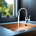 Faucet running water in sink indoors with few home appliance and indoor and outdoor backdrops