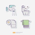 faucet tap water, sparkling clean toilet, toilet tissue paper roll, bathroom towel. Clean, disinfect and toiletries sticker set Royalty Free Stock Photo