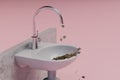 a faucet from which golden dollar coins fall into the washbasin on a pink background. 3d render