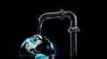 A faucet from which water flows to planet Earth on a black background. Royalty Free Stock Photo