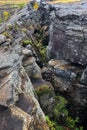 The fault that marks the continental separation in plate tectonics between Europe and America, above Grjotagja cave, Iceland.