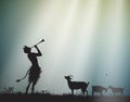 Faun shepherd herds the goats in the morning sun rays, satyr, Royalty Free Stock Photo