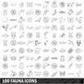 100 fauna icons set, outline style