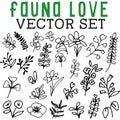 Fauna Love Vector Set with blooms, ferns, blossoms, and leaves Royalty Free Stock Photo