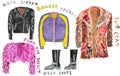 Faux fur coat, jacket, biker boots, bomber , . Hand drawn watercolor illustration.